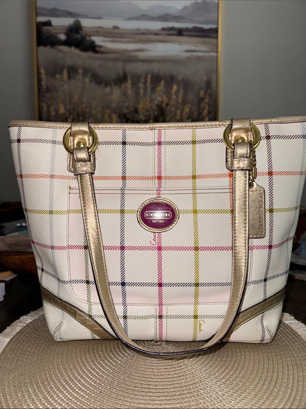 Coach Tatersal Tote with Gold Trim and Multicolor Stripes - Picture 1 of 9